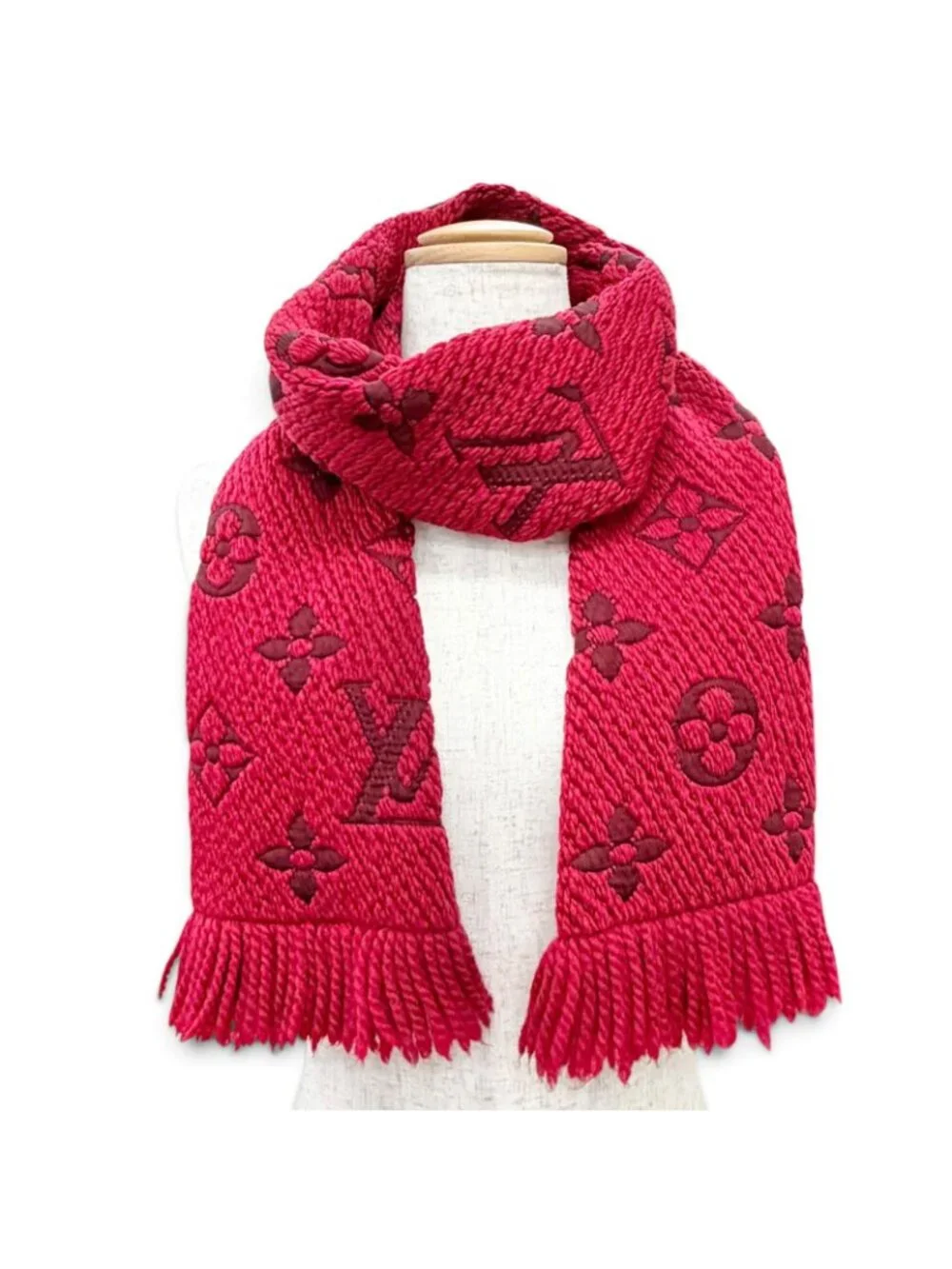 Louis Vuitton Echarpe Logo Mania Wool Silk Ruby Monogram Fringe Scarf